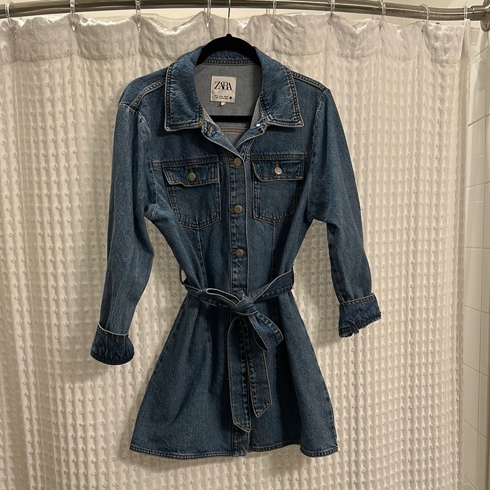 Zara Blue Denim Belted Shirt Dress